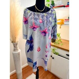 Plus Size 2XL Grey Hummingbird Floral Top – Slinky Stretch Soft Drape Blouse